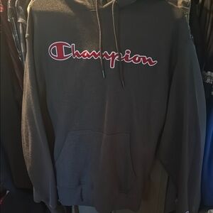 Champion Charcoal Hoodie with Red Script